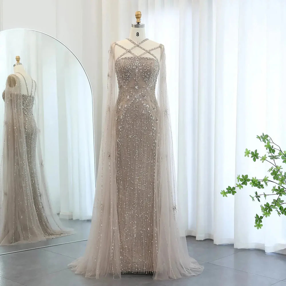 The Aqua — Crisscross Halter Cape Mermaid Gown