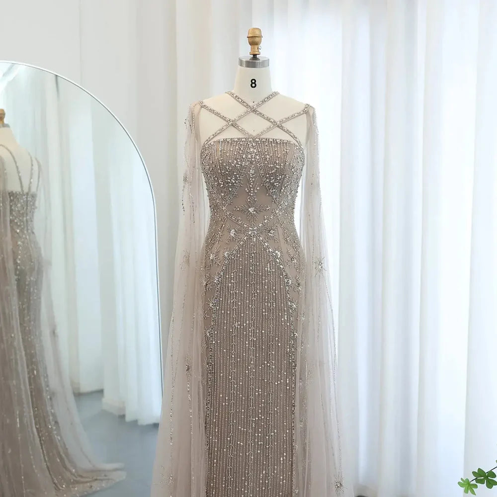 The Aqua — Crisscross Halter Cape Mermaid Gown
