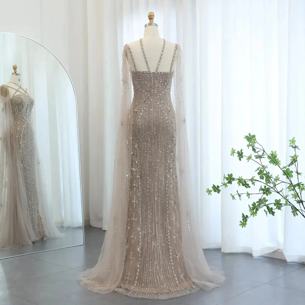 The Aqua — Crisscross Halter Cape Mermaid Gown