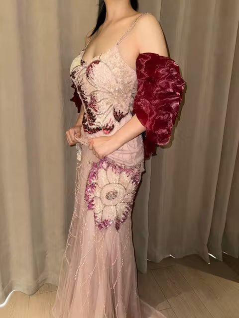 The Flora — Pink Floral Beaded Gown with Burgundy Shawl