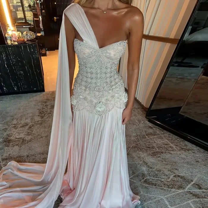 The Celeste — 3D Floral One-Shoulder Cape Gown