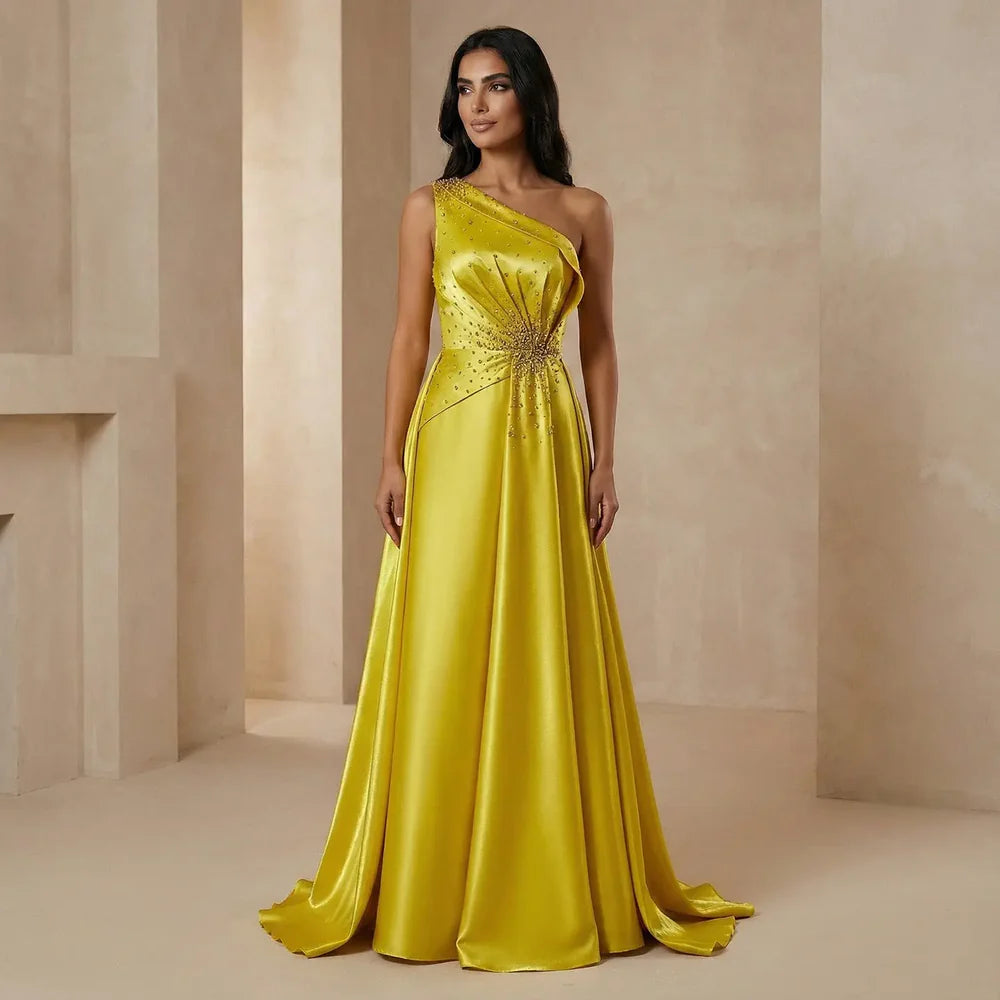 The Goldie — Yellow Crystal Sequin Satin One-Shoulder Overskirt Gown