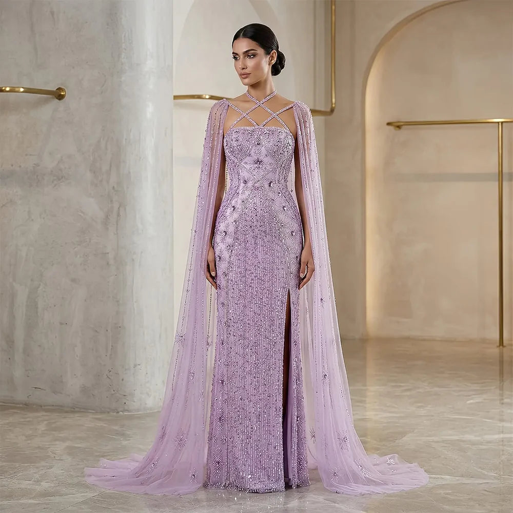 The Aqua — Crisscross Halter Cape Mermaid Gown