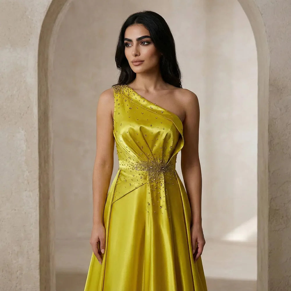 The Goldie — Yellow Crystal Sequin Satin One-Shoulder Overskirt Gown