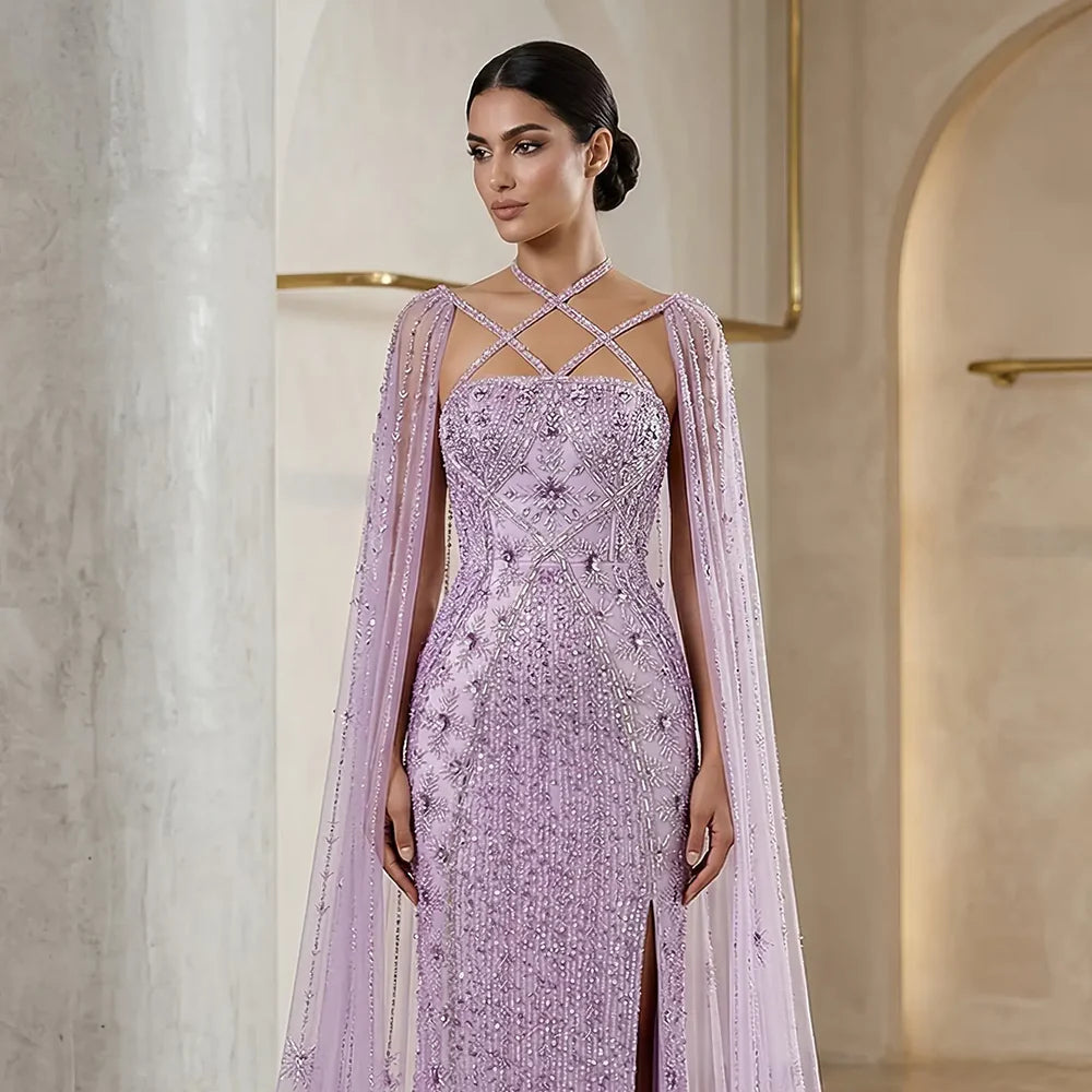 The Aqua — Crisscross Halter Cape Mermaid Gown
