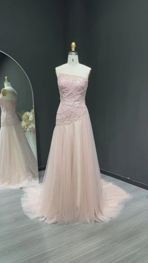 The Serena — Pink Sequin Pearl Asymmetric Mermaid Gown