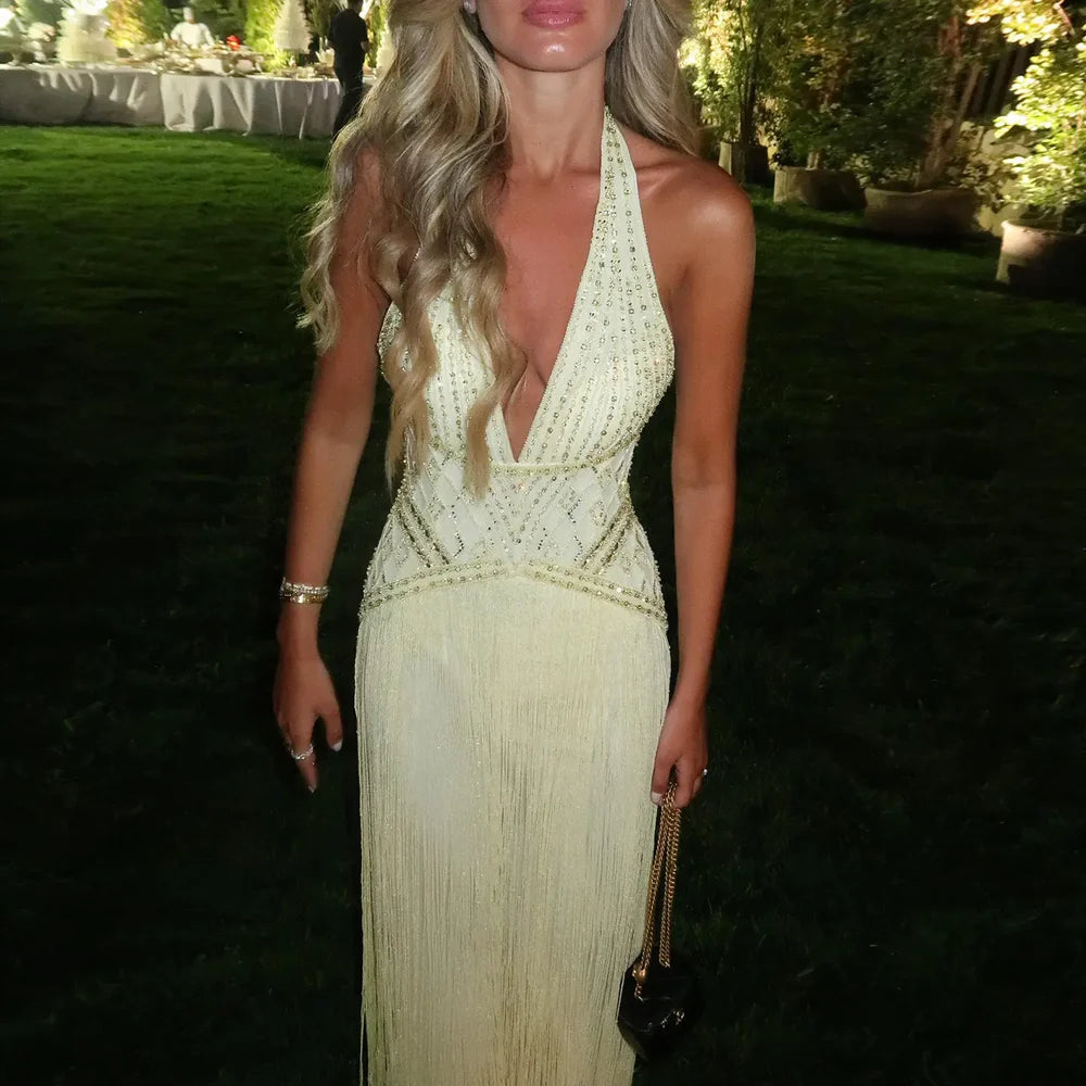 The Solange — Yellow Beaded Halter Neck Deep-V Gala Gown