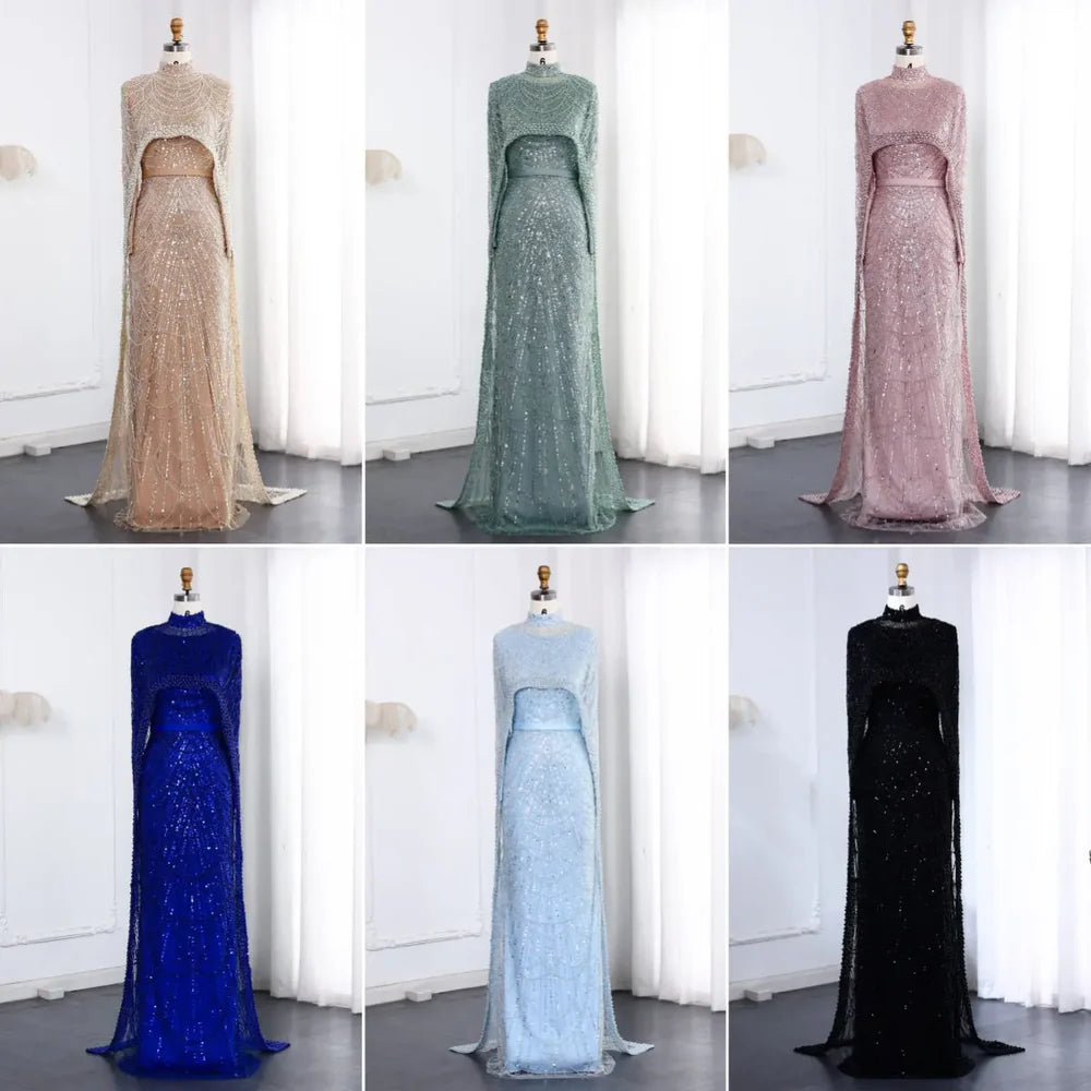 The Isadora — Long Sleeve Beaded Cape Gown