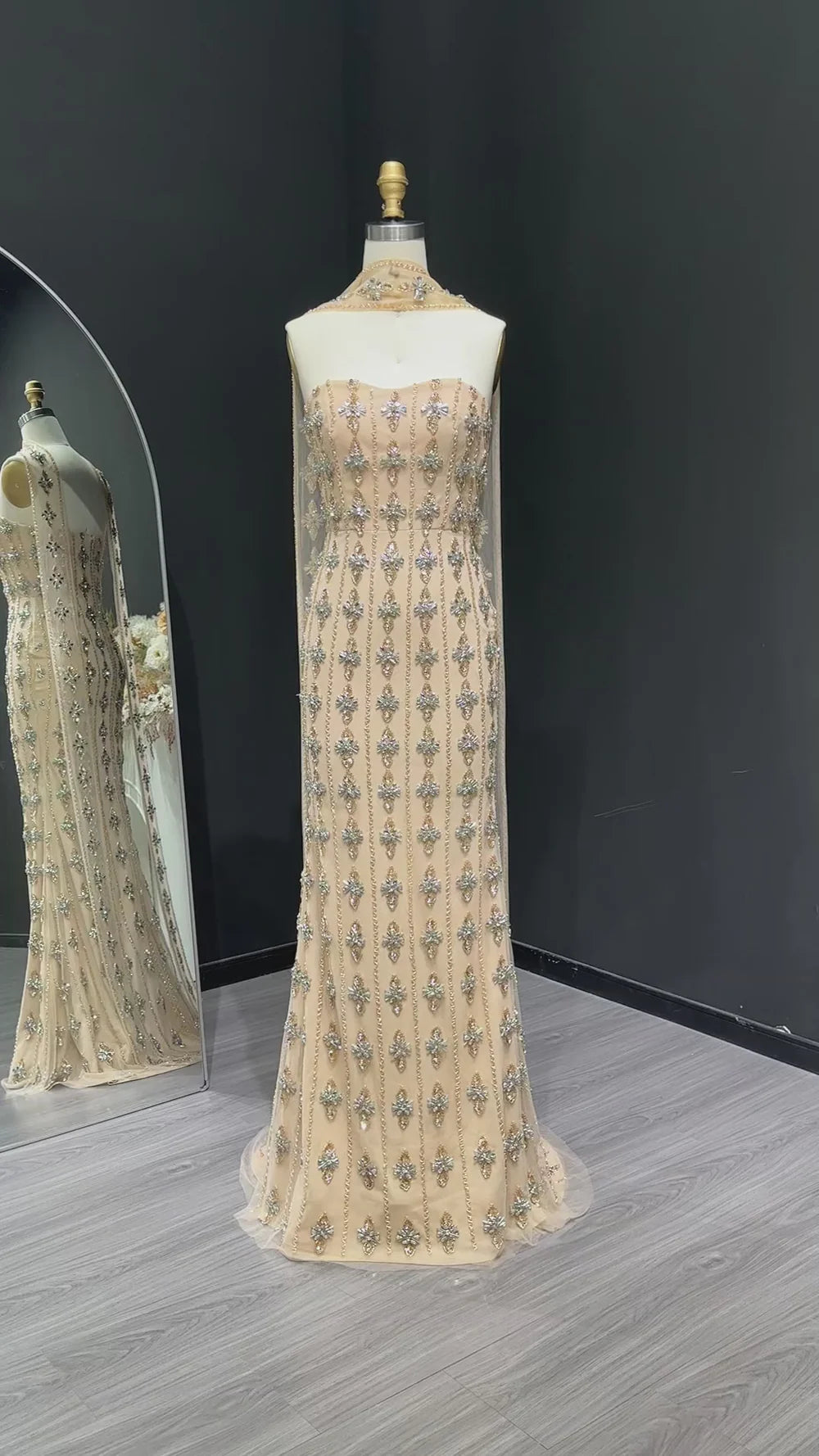 The Chloé — Nude Strapless Beaded Mermaid Gown with Scarf