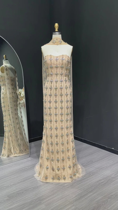 The Chloé — Nude Strapless Beaded Mermaid Gown with Scarf