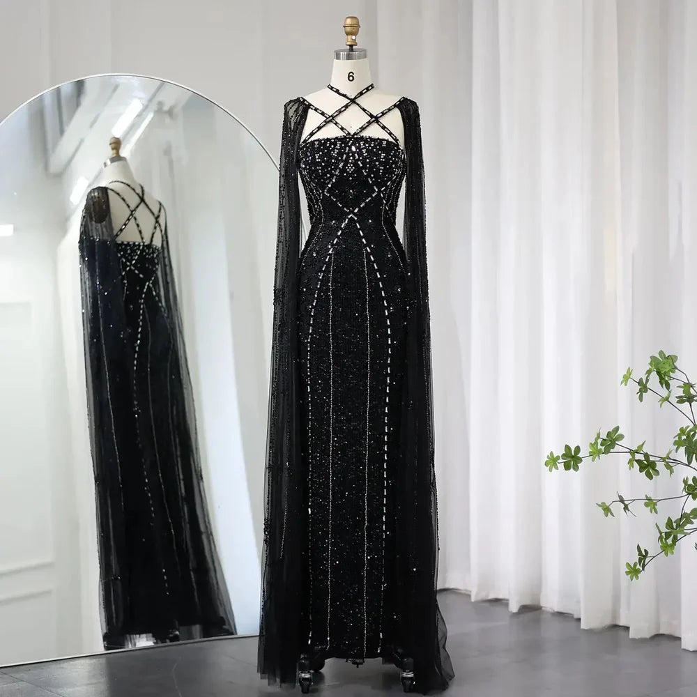 The Aqua — Crisscross Halter Cape Mermaid Gown