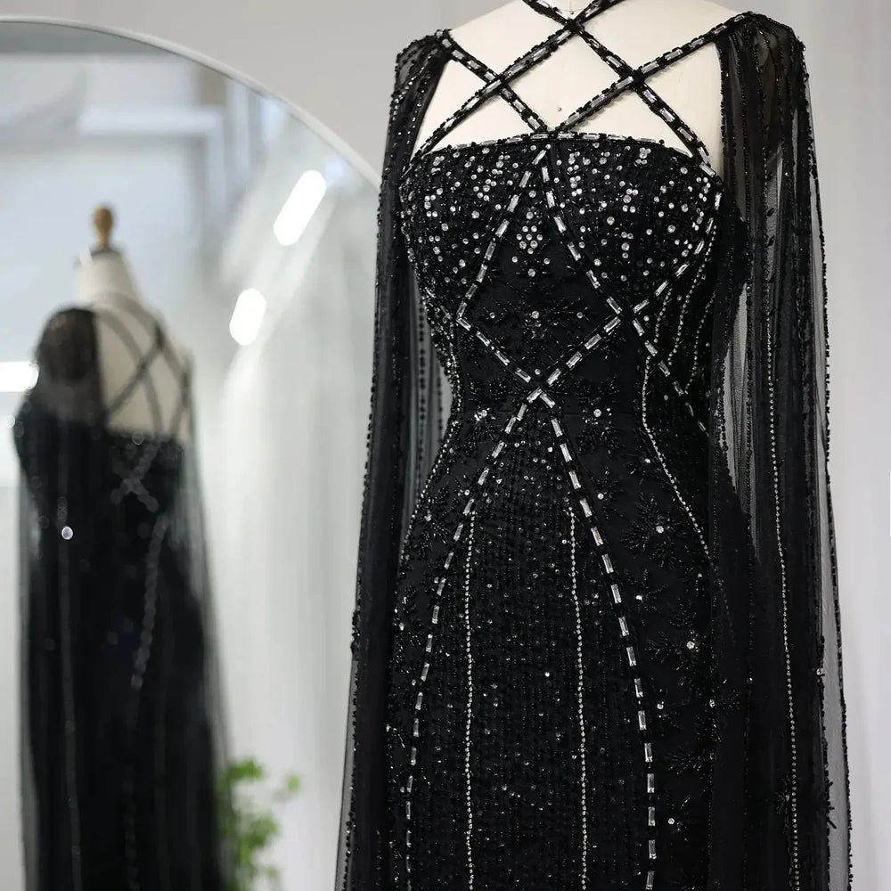 The Aqua — Crisscross Halter Cape Mermaid Gown