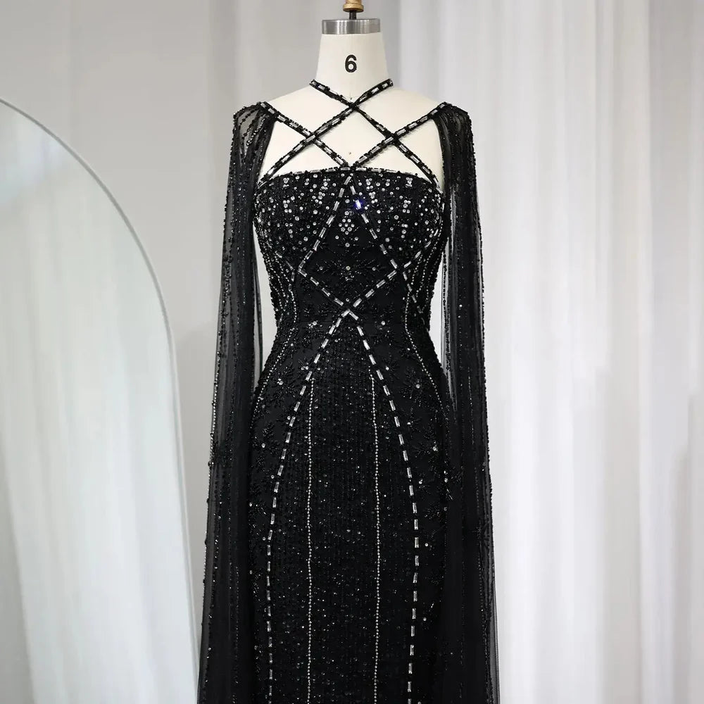 The Aqua — Crisscross Halter Cape Mermaid Gown