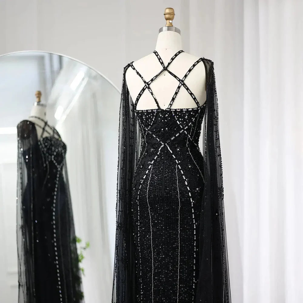 The Aqua — Crisscross Halter Cape Mermaid Gown