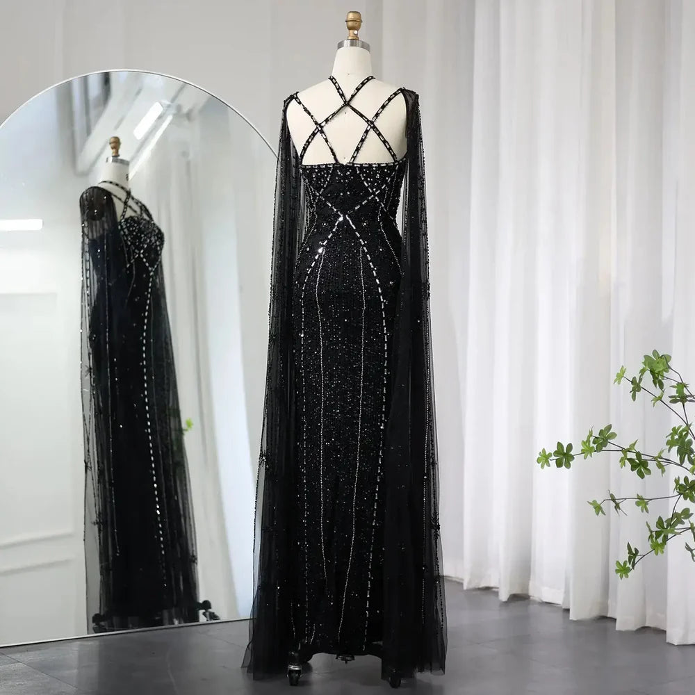 The Aqua — Crisscross Halter Cape Mermaid Gown