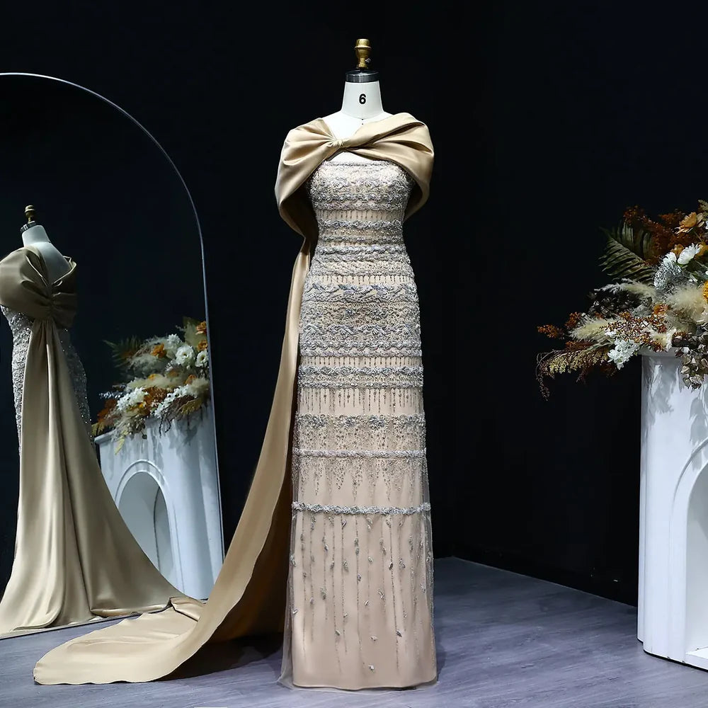The Verdant — Beaded Bateau Cape Mermaid Gown