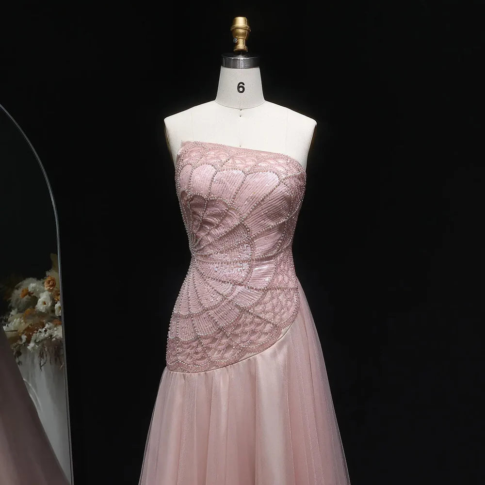 The Serena — Pink Sequin Pearl Asymmetric Mermaid Gown
