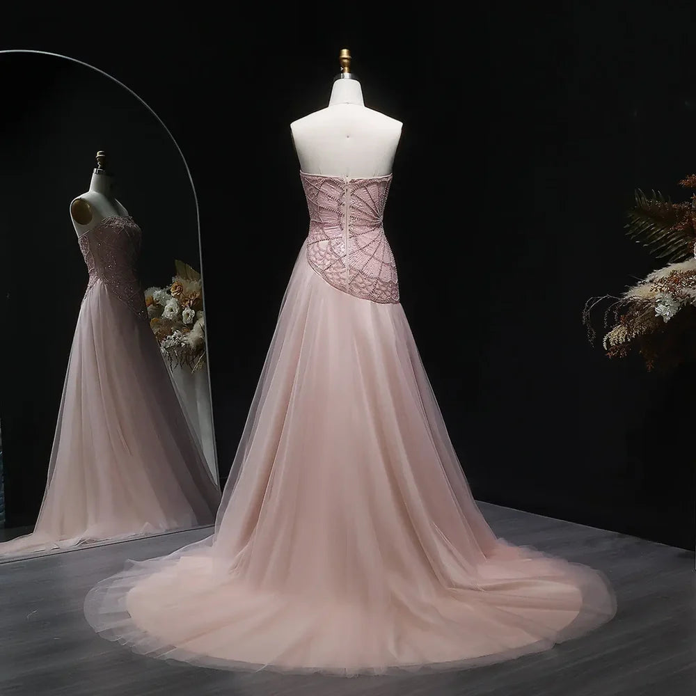 The Serena — Pink Sequin Pearl Asymmetric Mermaid Gown