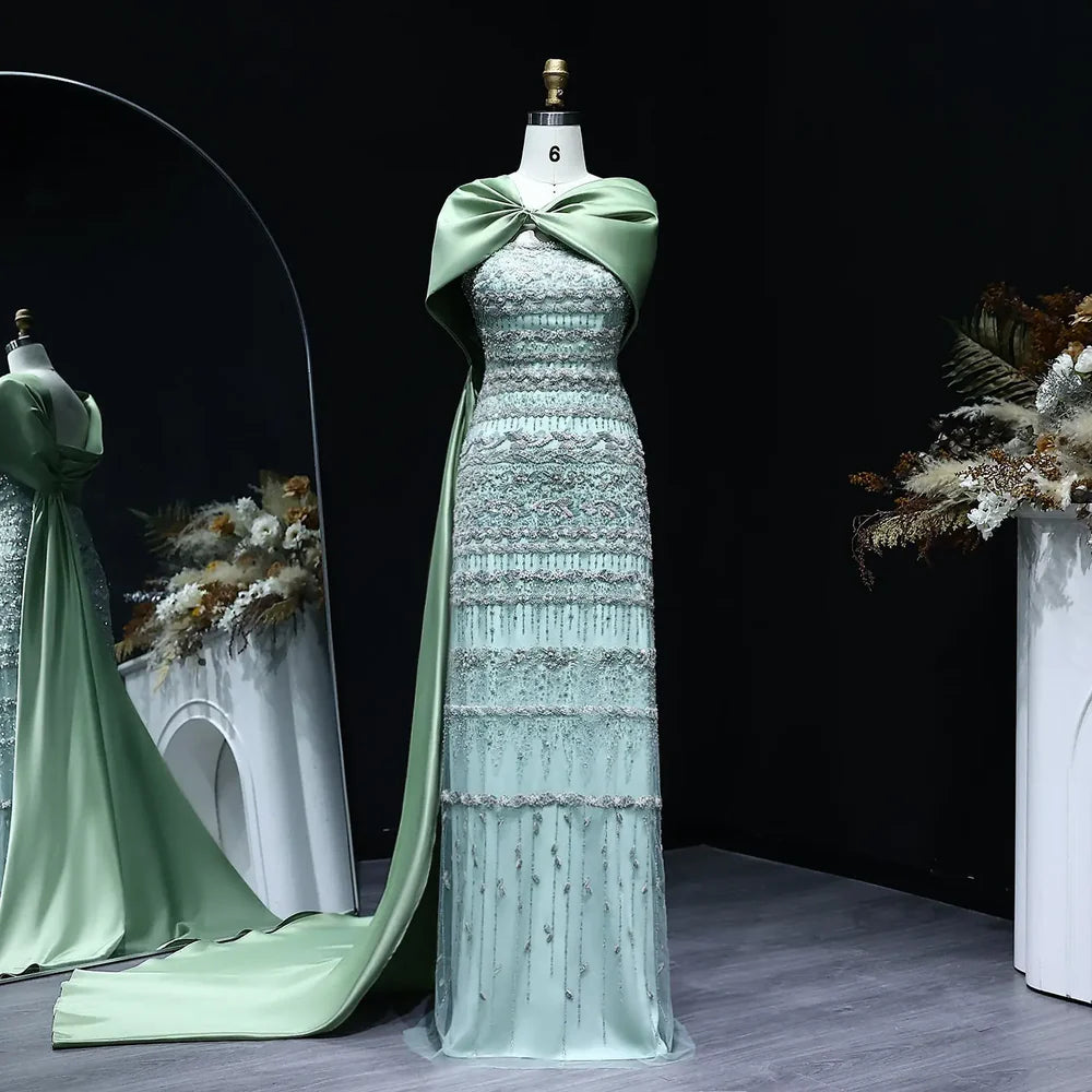 The Verdant — Beaded Bateau Cape Mermaid Gown
