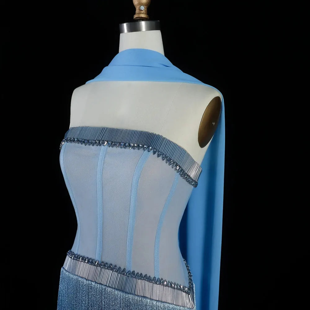 The Bleu — Blue Crystal Fringe Strapless Mermaid Gown