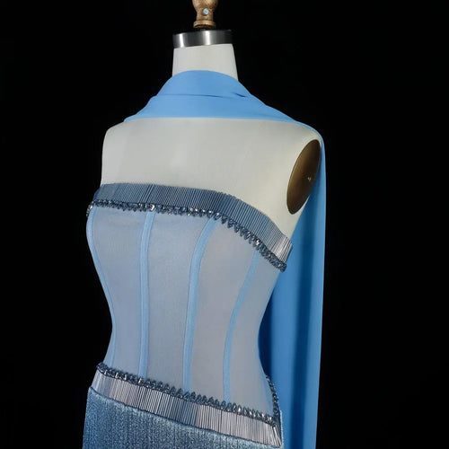 The Bleu — Blue Crystal Fringe Strapless Mermaid Gown