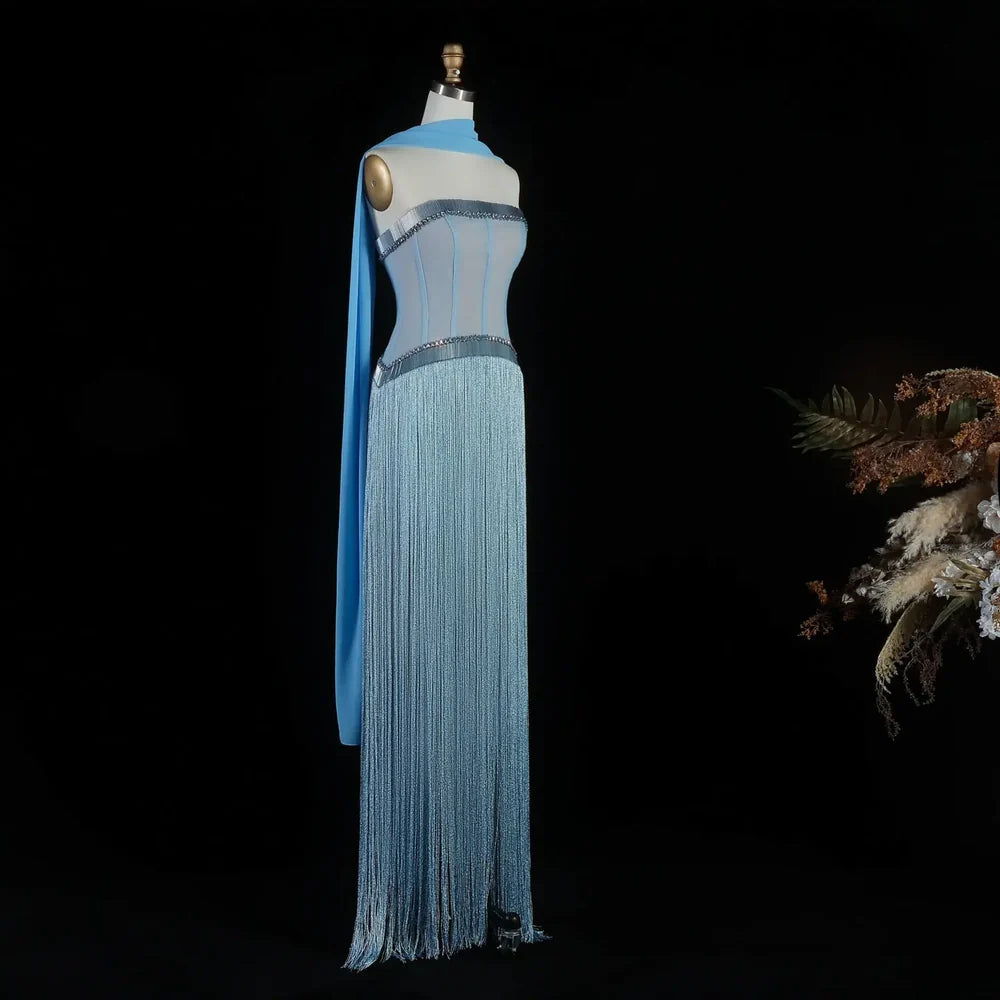 The Bleu — Blue Crystal Fringe Strapless Mermaid Gown