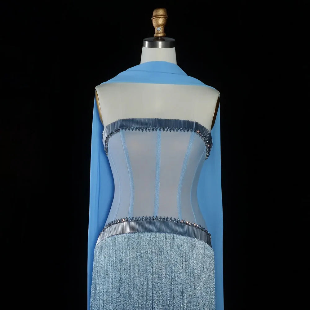 The Bleu — Blue Crystal Fringe Strapless Mermaid Gown
