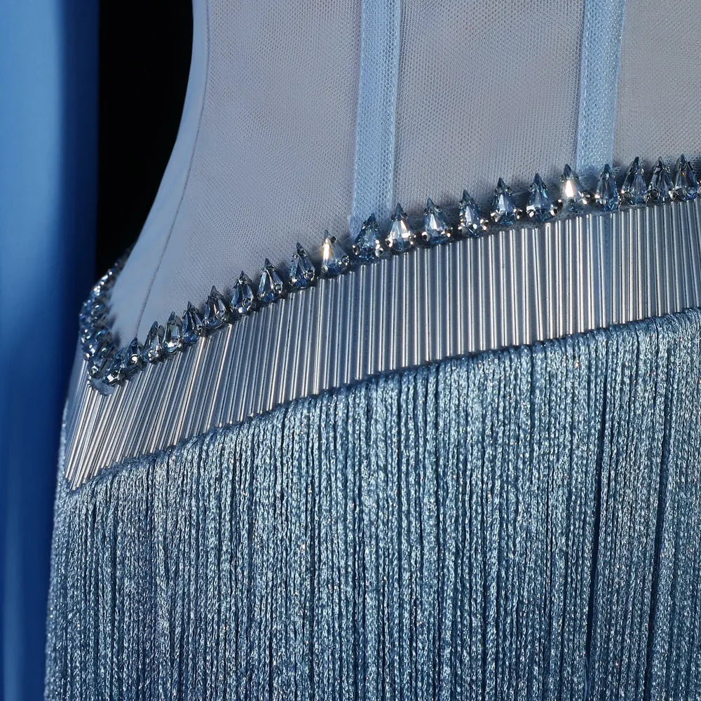 The Bleu — Blue Crystal Fringe Strapless Mermaid Gown