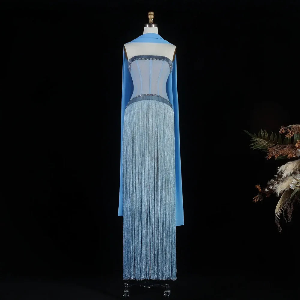 The Bleu — Blue Crystal Fringe Strapless Mermaid Gown