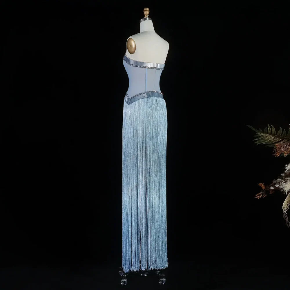 The Bleu — Blue Crystal Fringe Strapless Mermaid Gown