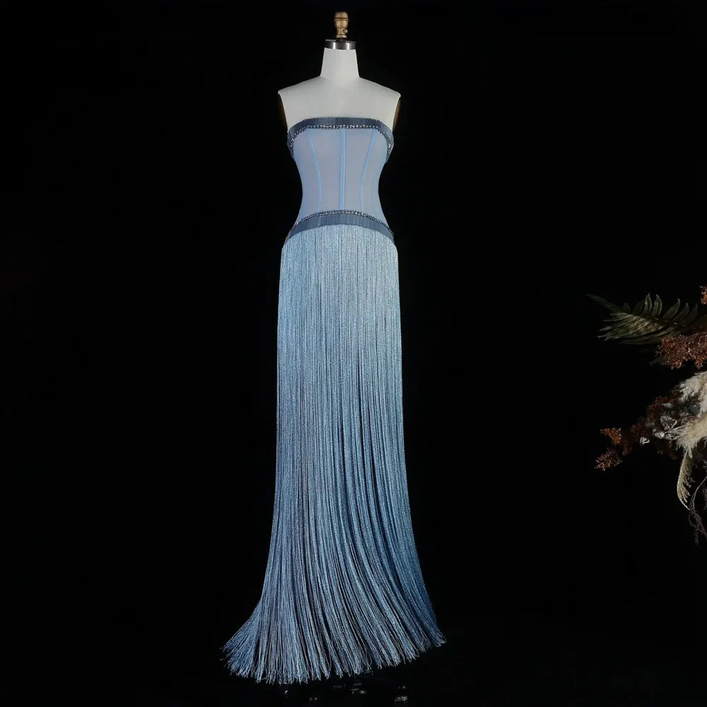 The Bleu — Blue Crystal Fringe Strapless Mermaid Gown