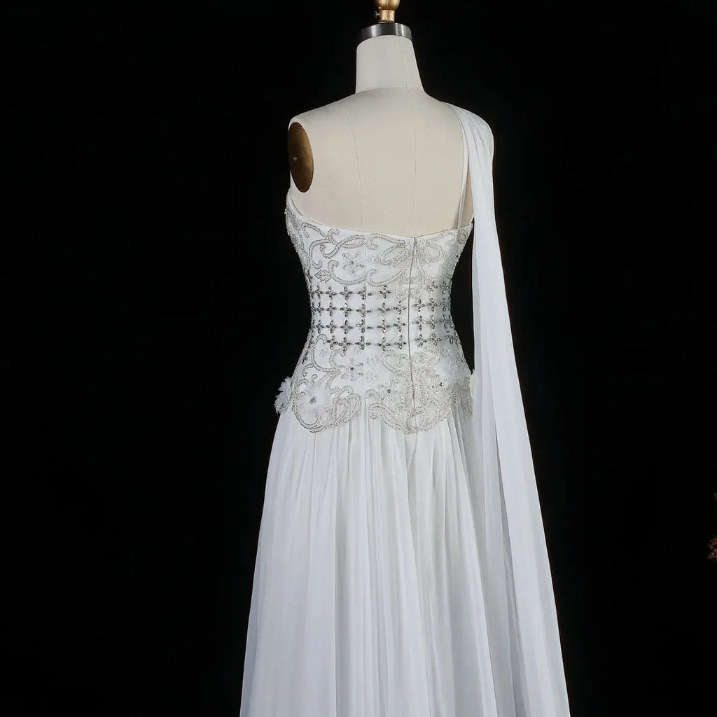 The Celeste — 3D Floral One-Shoulder Cape Gown