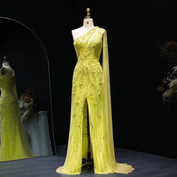 The Onyx — One-Shoulder Beaded Cape Gown