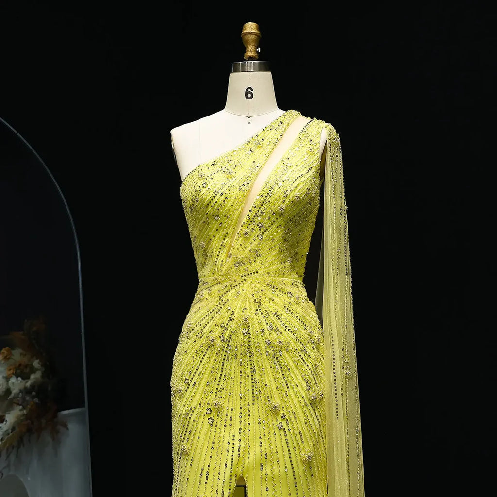The Onyx — One-Shoulder Beaded Cape Gown