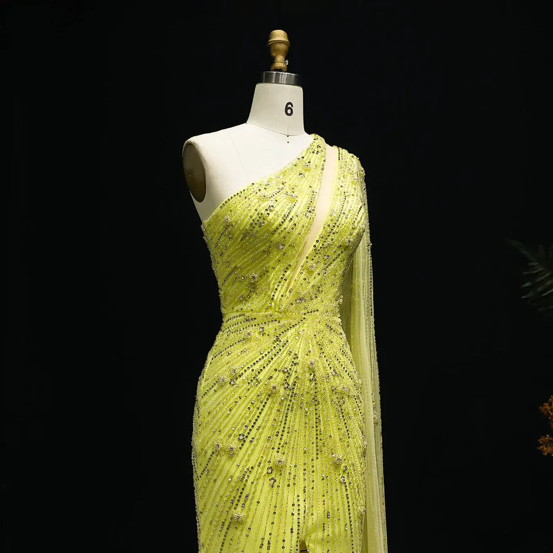 The Onyx — One-Shoulder Beaded Cape Gown