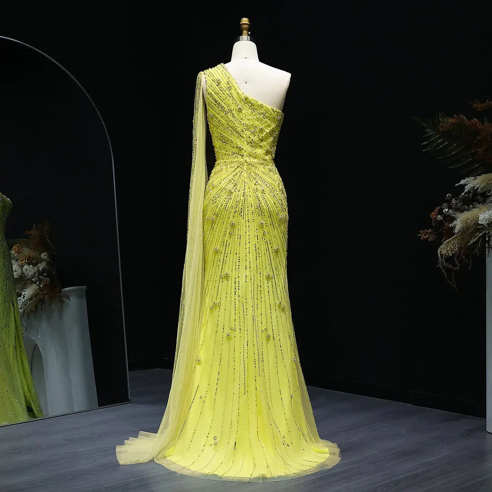 The Onyx — One-Shoulder Beaded Cape Gown