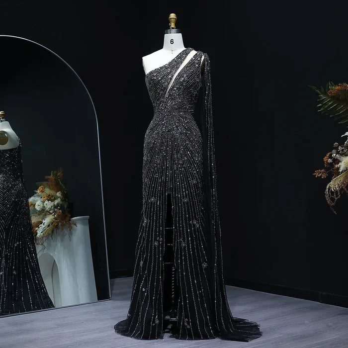 The Onyx — One-Shoulder Beaded Cape Gown