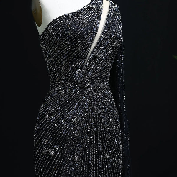 The Onyx — One-Shoulder Beaded Cape Gown