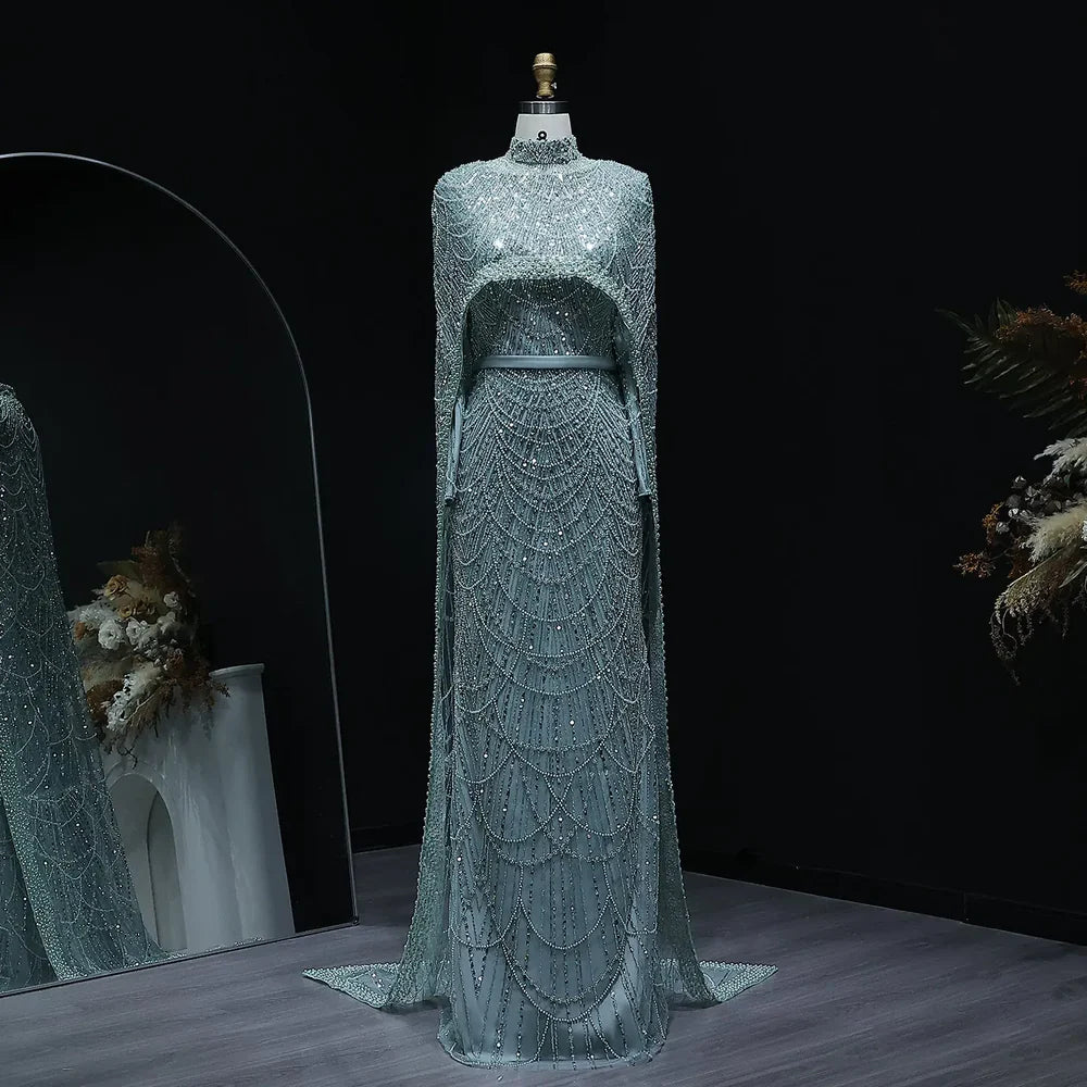 The Isadora — Long Sleeve Beaded Cape Gown