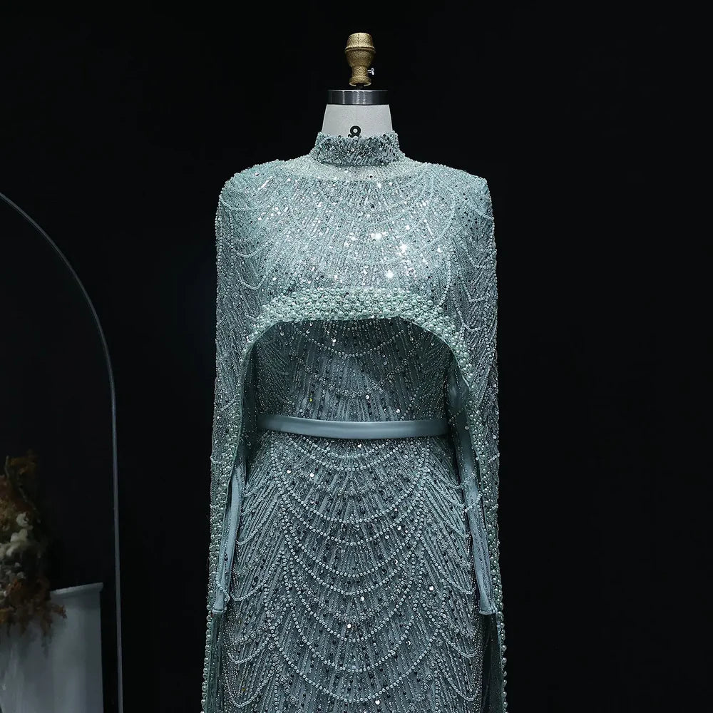 The Isadora — Long Sleeve Beaded Cape Gown