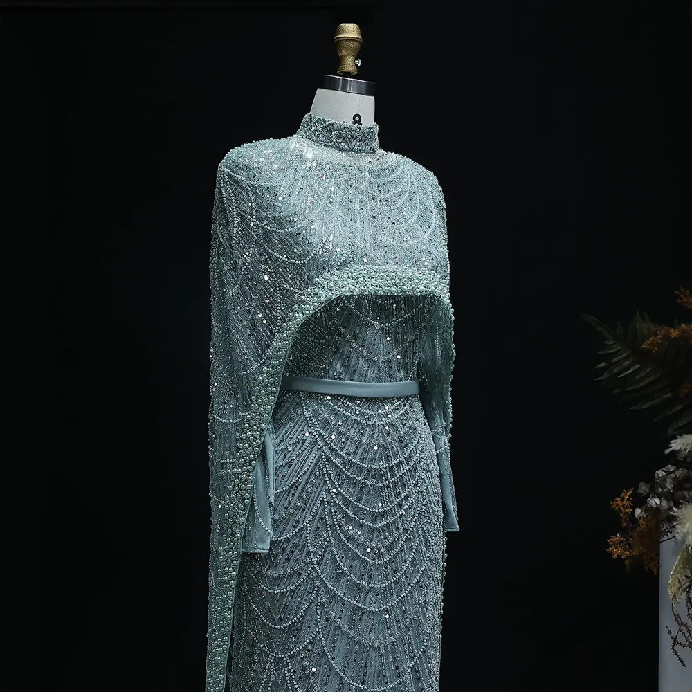 The Isadora — Long Sleeve Beaded Cape Gown