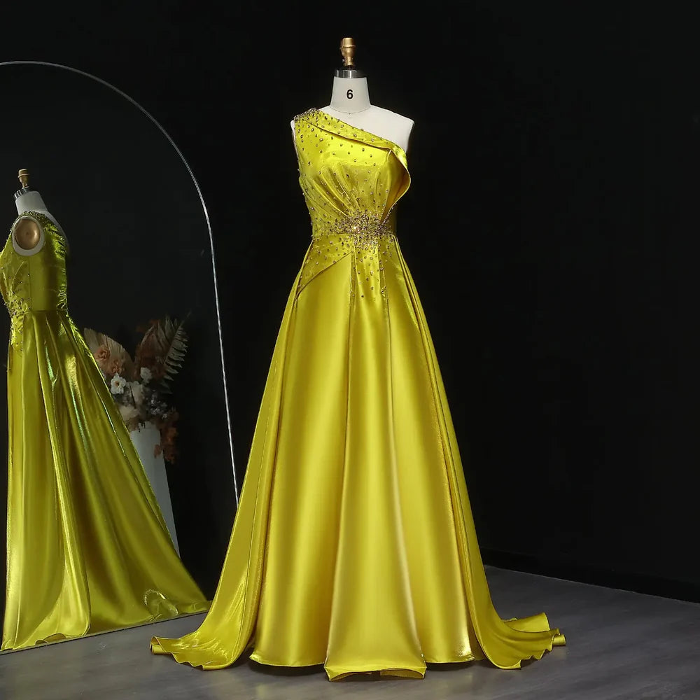 The Goldie — Yellow Crystal Sequin Satin One-Shoulder Overskirt Gown