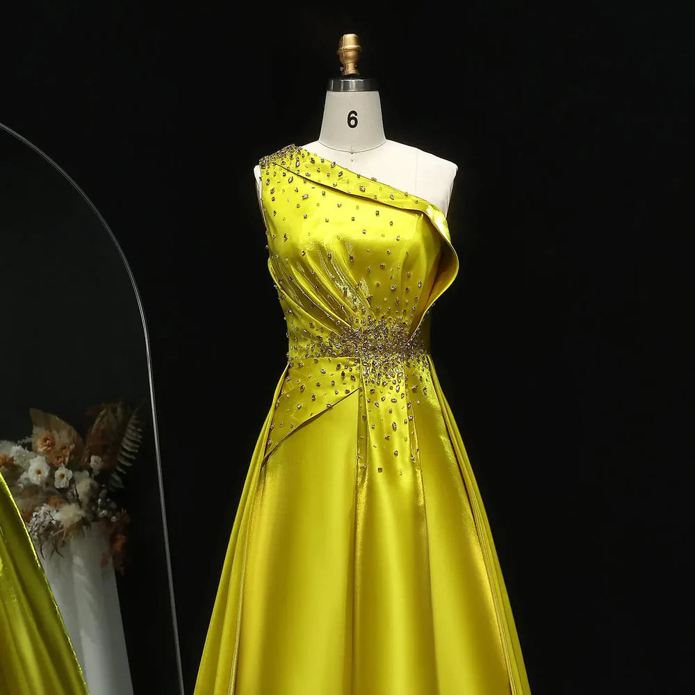 The Goldie — Yellow Crystal Sequin Satin One-Shoulder Overskirt Gown