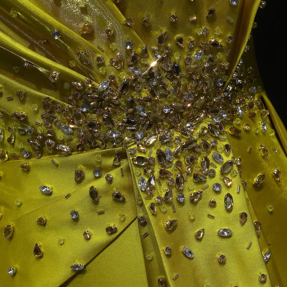 The Goldie — Yellow Crystal Sequin Satin One-Shoulder Overskirt Gown