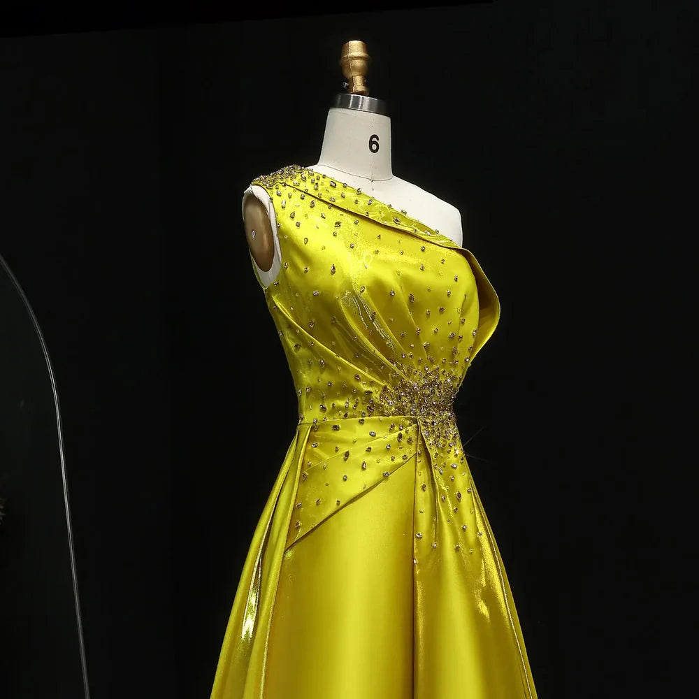 The Goldie — Yellow Crystal Sequin Satin One-Shoulder Overskirt Gown