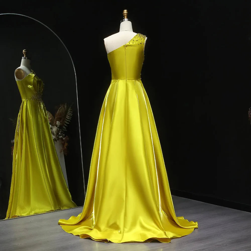 The Goldie — Yellow Crystal Sequin Satin One-Shoulder Overskirt Gown