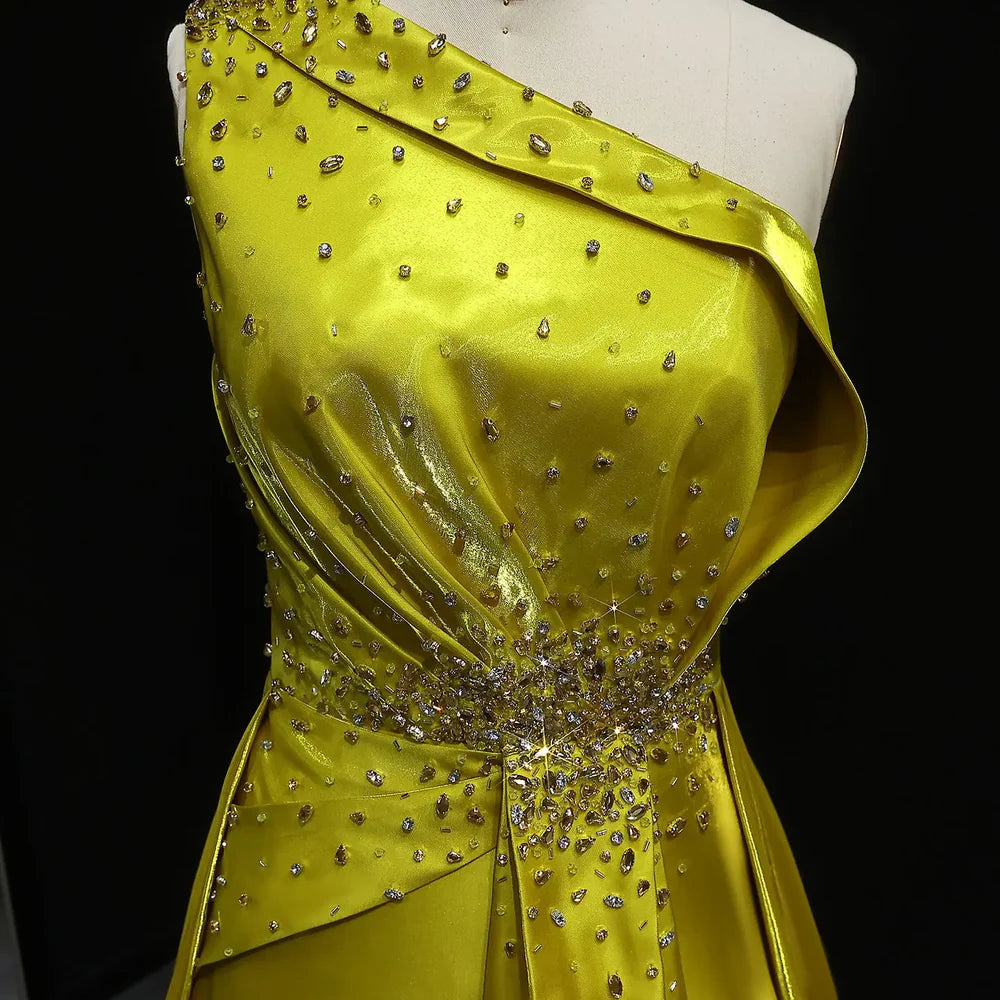 The Goldie — Yellow Crystal Sequin Satin One-Shoulder Overskirt Gown
