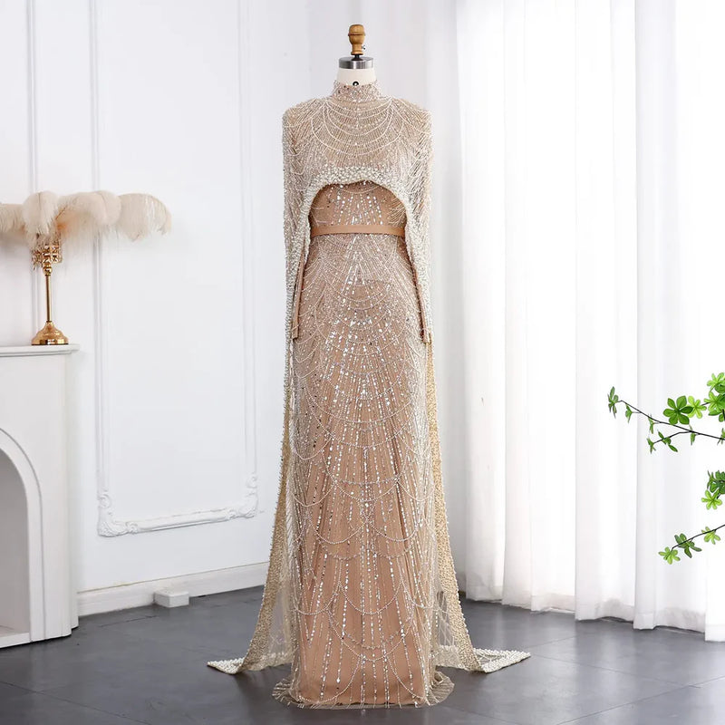 The Isadora — Long Sleeve Beaded Cape Gown