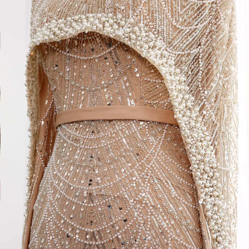 The Isadora — Long Sleeve Beaded Cape Gown
