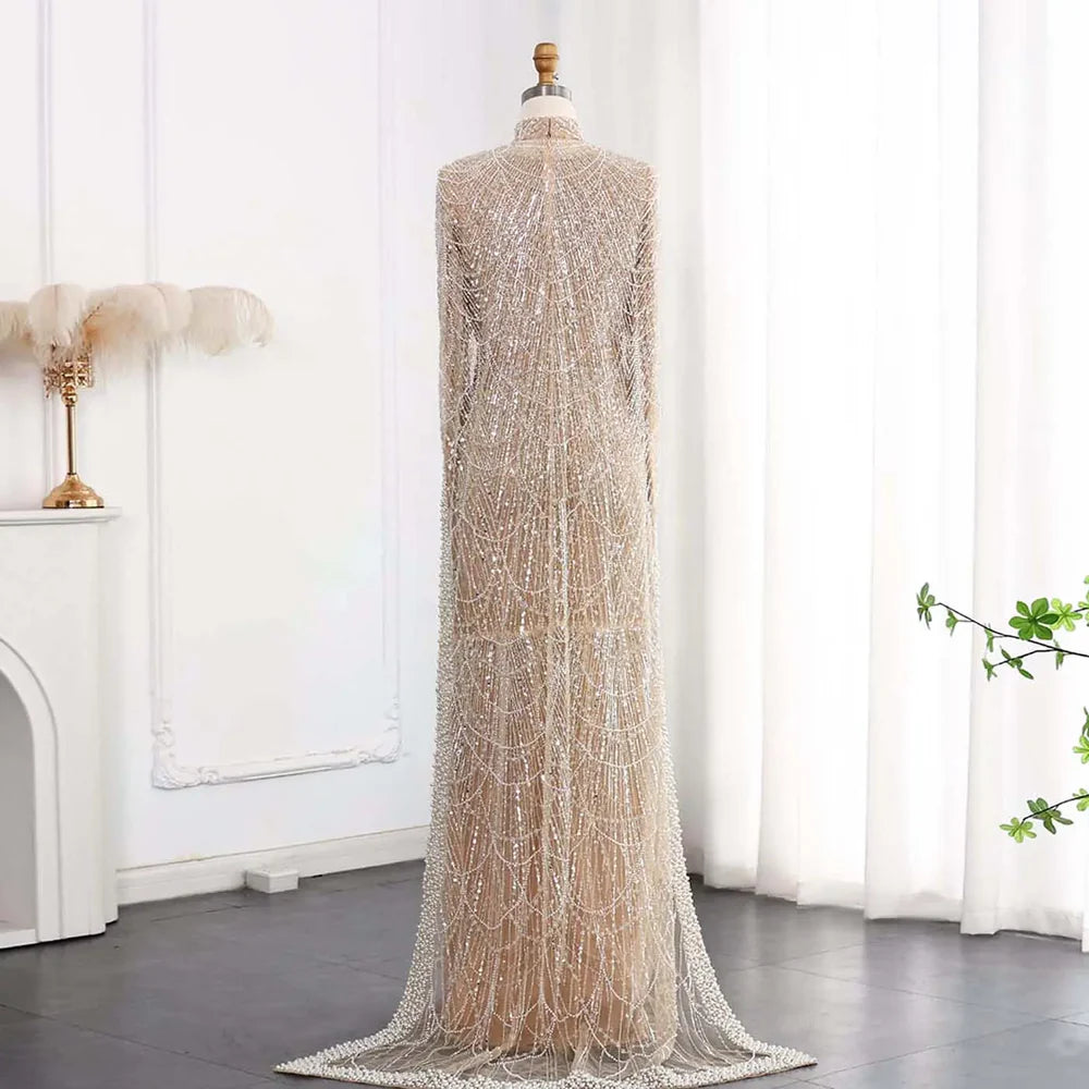 The Isadora — Long Sleeve Beaded Cape Gown